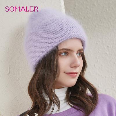 Berretto invernale in pelliccia di coniglio Angola da donna, cappelli color caramella per ragazze, caldi berretti con polsino