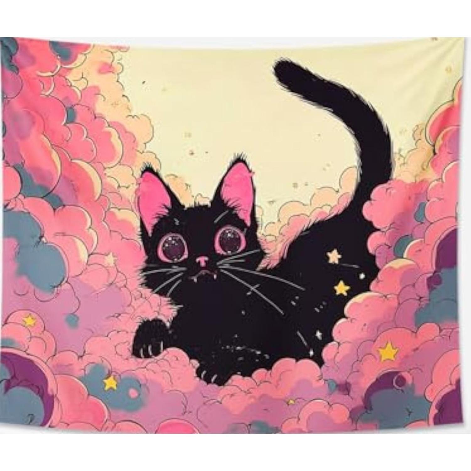 

Cute Cat in Clouds Tapestry Whimsical Wall Art for Bedroom or Playroom Large Decorative Hanging Add Fun and Color 74x94cm(29x37in)