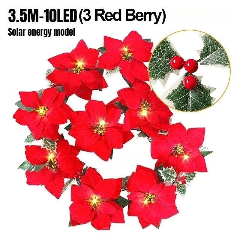 2M 10LED/3.5M 10LED Christmas Poinsettia Garland Poinsettia Velvet Artificial Poinsettia Garland String Lights for Christmas Tree Decor