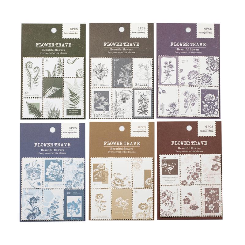 Beautiful Day Flower Stickers Set: 6 Retro Travel-Inspired Styles with Double Material Writing Paper