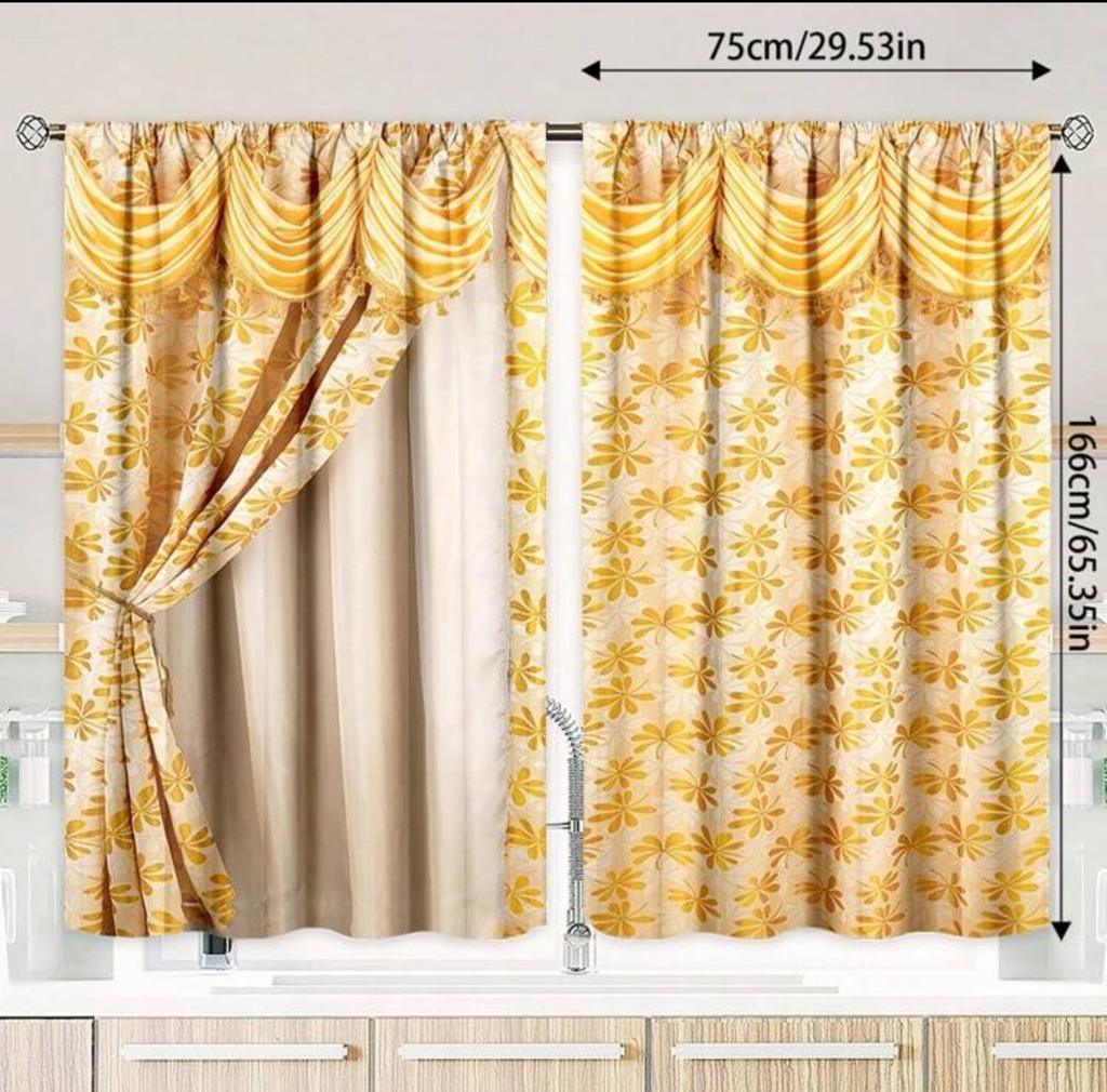 Gula blommor falskt bakgrundsmönster tryckta gardiner, sovrum och vardagsrum, heminredning, rumsdekoration