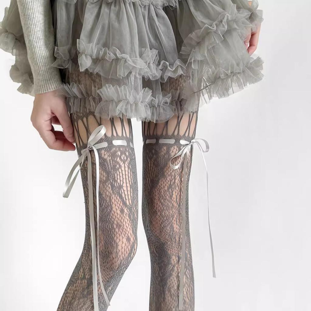 Spring/Summer Hollow Lace Bow Tie Mesh Pantyhose, Y2K Style Tights, Japanese Retro Drawstring Mesh Pants