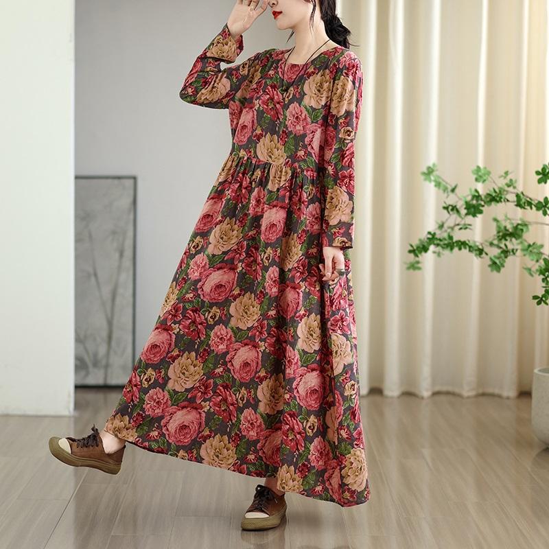 Long sleeve plus size cotton vintage floral new in dresses for women casual loose spring summer autumn dress