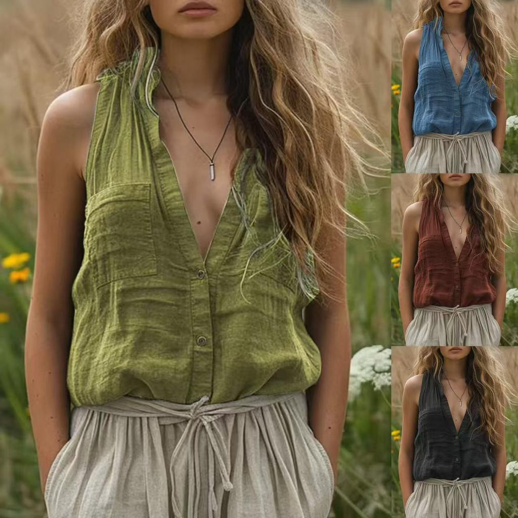 Women's Linen Blend Sleeveless Halter Shirt Button-Down V-Neck Tank