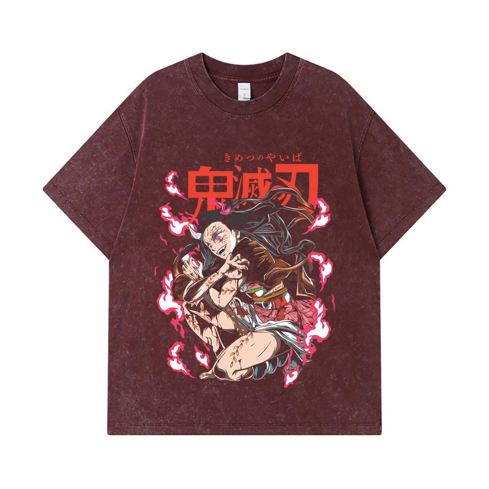 275 GSM Washed T-shirts 100% Cotton Demon Slayer V71 Nezuko Demon Print Unisex Heavy Cotton T Shirt