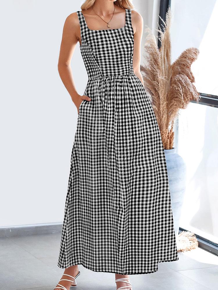 European & American Style Square Neck Plaid Shirred Dress - Fashionable Strappy Casual Women's Dress