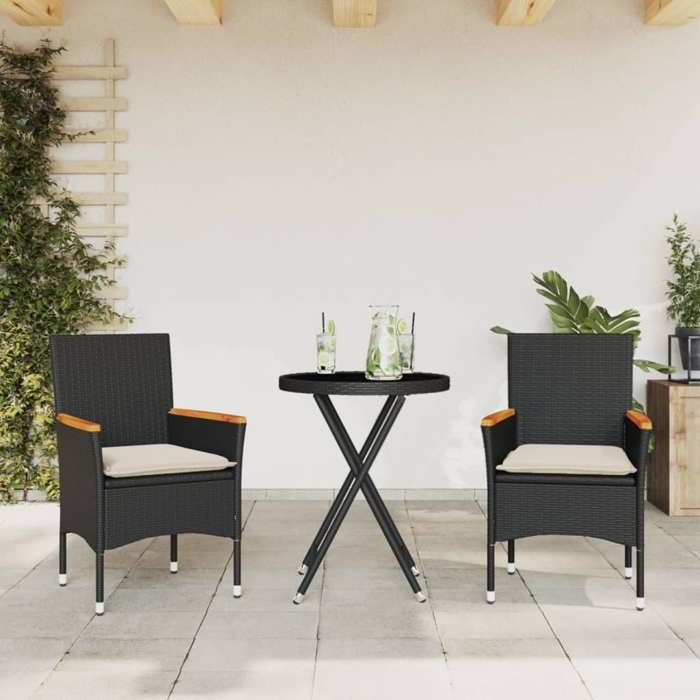 VidaXL Ensemble de bistro avec coussins 3pcs noir résine tressée verre, ensemble de bistro de jardin, ensemble de balcon, 3278753