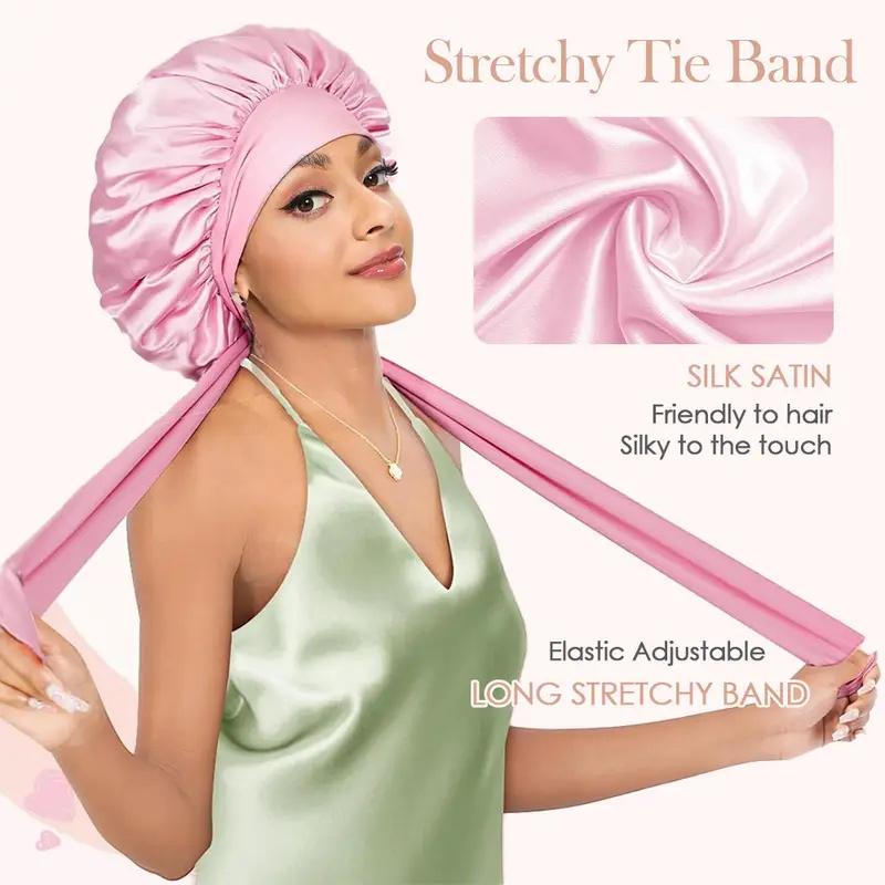 Women Satin Bonnet Solid Sleeping Hat Stretchy Tie Band Elastic Night Shower Cap Adjustable Hair Head Cover for