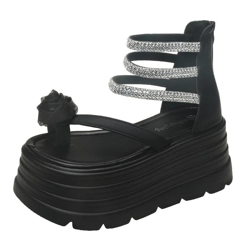 Fashion 8CM New Summer High Platform Women Sandals Wedges Bling Rhinestone Shoe Fashion Outside Chunky Sandals Beach Casual Slides Woman