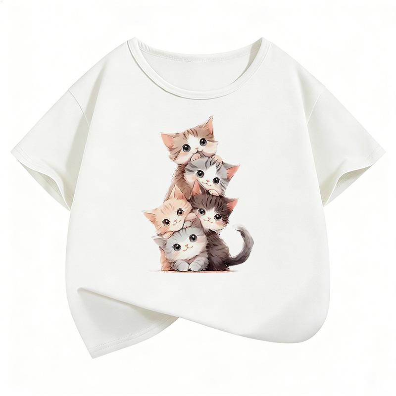 Lovely Cat Graphic Kids Tshirts Summer Short Sleeve Tees Cartoon Boys Girls Clothes Kawaii Kitten Tops Y2K Tshirt