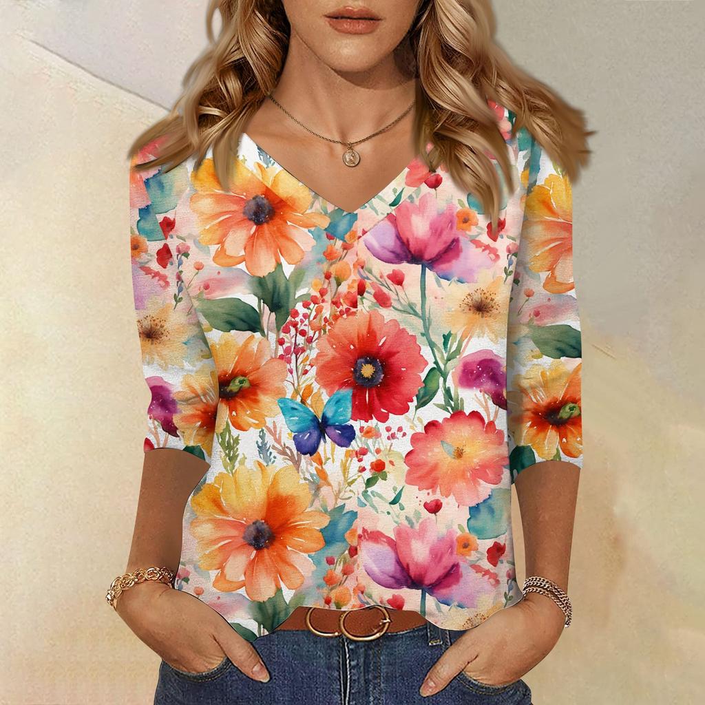 3/4 Sleeve Shirts For Women Cute Print Graphic Tees Blouses Casual Plus Size Basic Tops Pullover