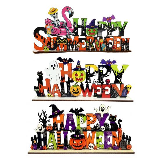 Fall Season Shelf Decor Happy Halloween Wooden Sign Ornaments with Pumpkin Ghost And Bat Elements for Decorative Party Props Tiered Tray Table Autumn