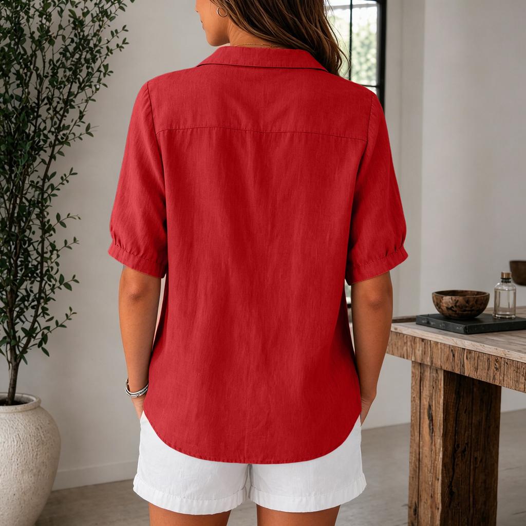 Women Lightweight Linen Cotton Shirt Short Sleeve Button Down Loose Fit Casual Workwear Blouse with Pocket Summer Top