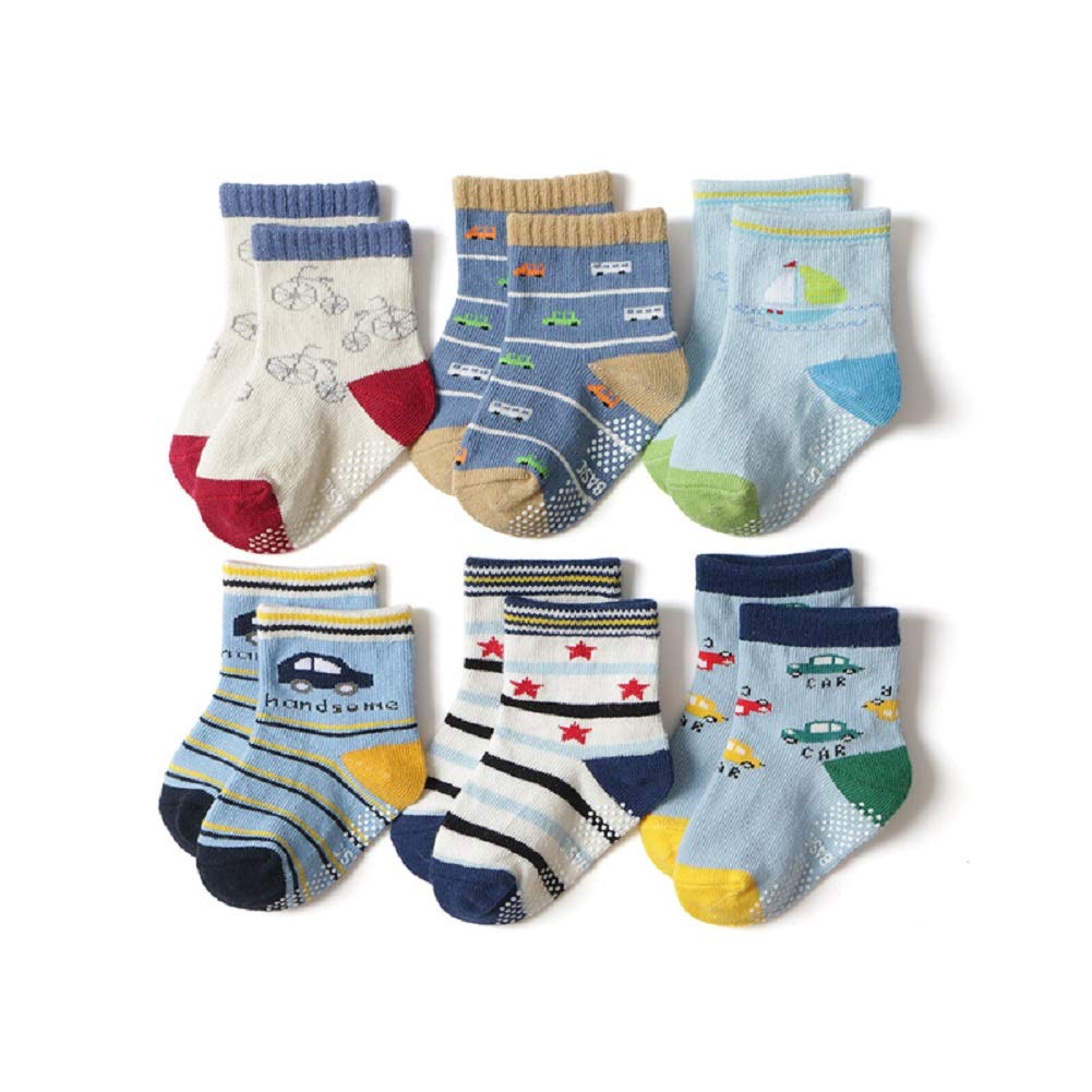 (Ayfoone) 12-Pair Set Baby Socks for Boys, Short Socks with Non-Slip Grips, Crew Length, Vehicle Design (16-18cm)