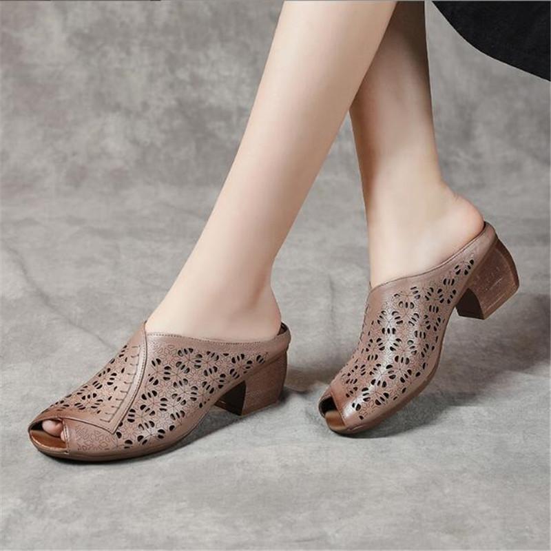 Summer New Genuine Leather Slippers Women's Retro Ethnic Style Thick Wedges Shoe Fish Mouth Mom Slippers Women Hollow Sandals