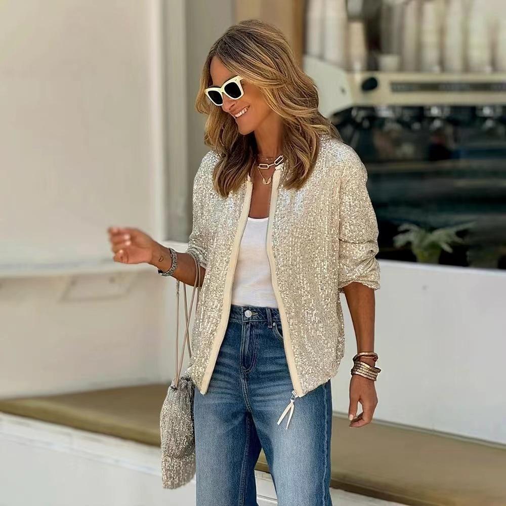 

Женская осенняя дизайнерская повседневная куртка с пайетками, с длинным рукавом, персонализированная однотонная куртка S абрикосовый