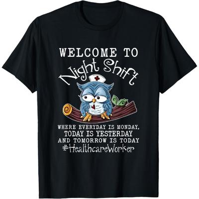 Funny Owl Night Shift Healthcare Worker Scrub Nurses Day T-Shirt