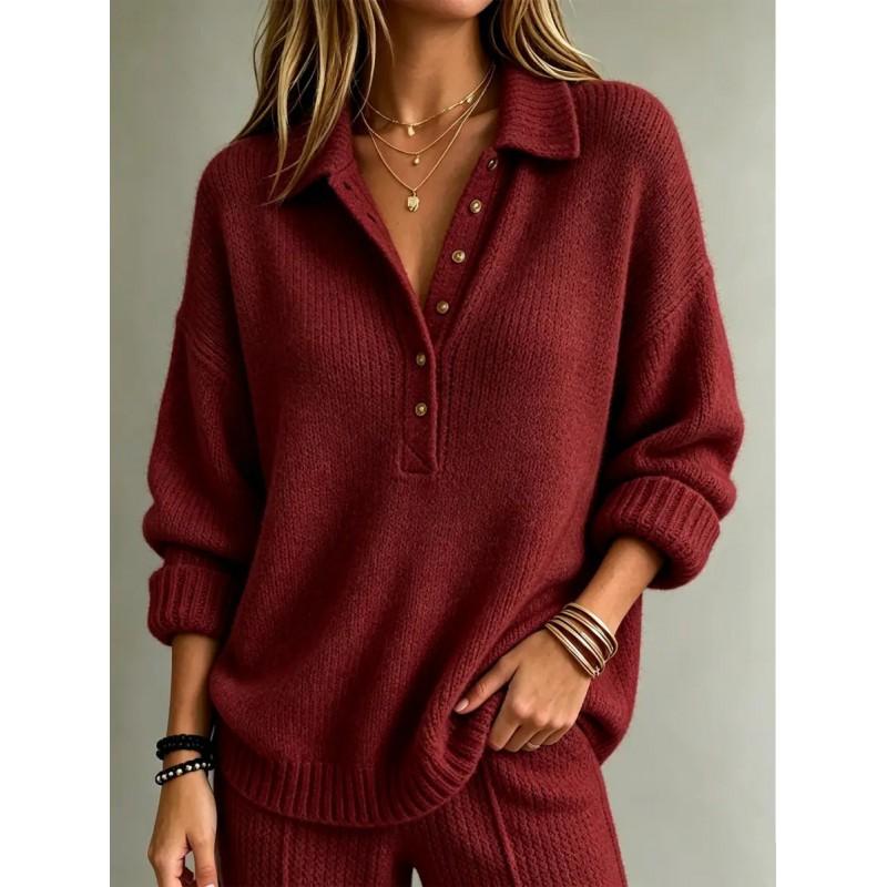 Womens Oversized Knit Sweater With Polo Collar Solid Color Long Sleeve Fall Winter 2026