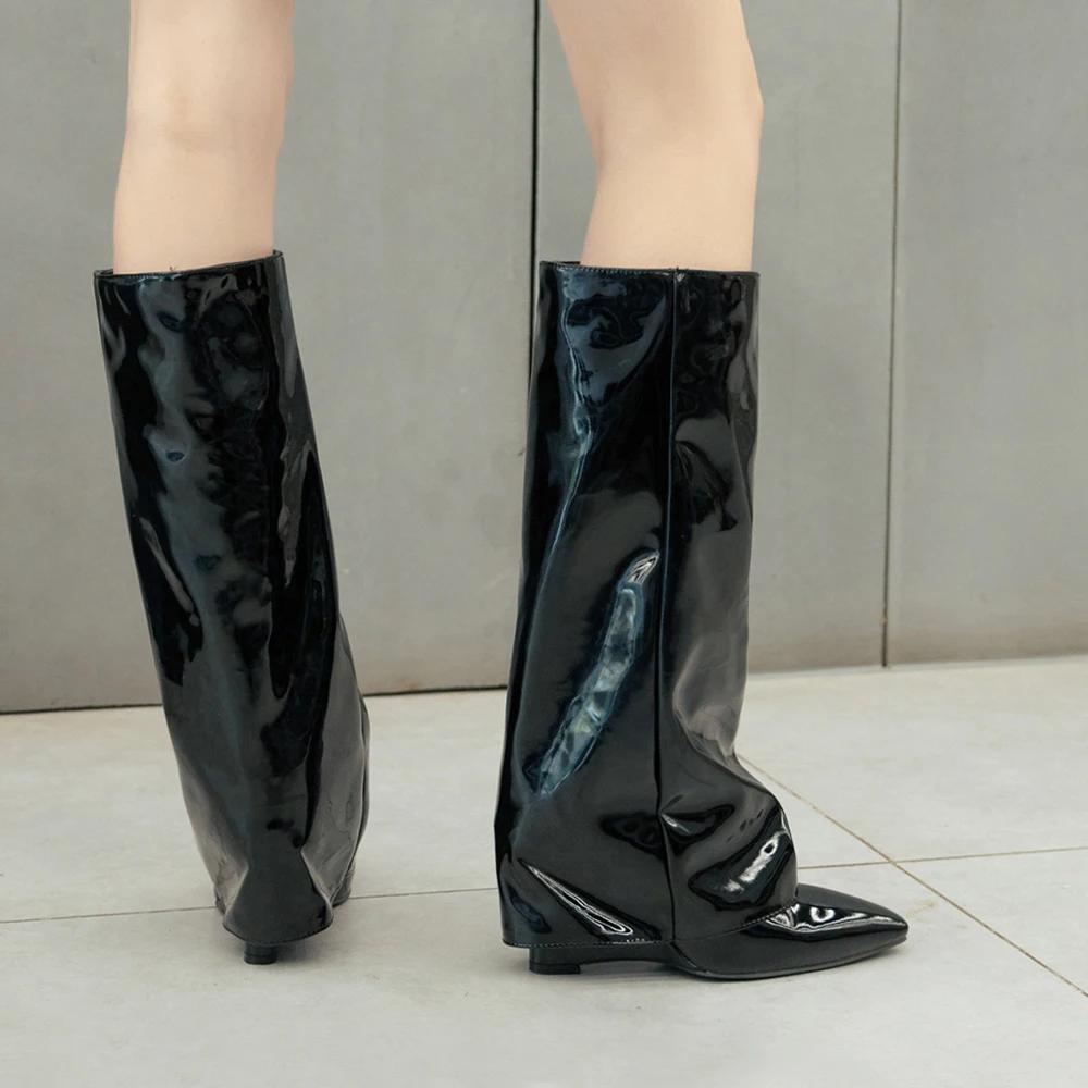 Fashion Pointed Toe High Heels Women Knee High Boots Brand Designer Soft Patent Leather Side Zip Wedges Winter Fashion 2025