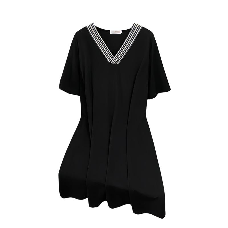 Plus Size V-Neck Slimming Mid-Length Dress for Women 200/300/350 Jin - New Style 7190