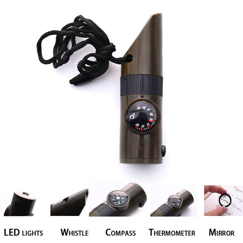 7In1 Emergency Survival Whistle Compass Magnifier Flashlight Thermometer Camping