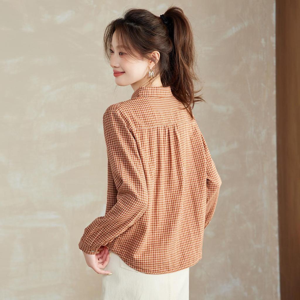 Vintage Damska Bawełniana Koszula w Kratę z Długim Rękawem - Wiosenno-Jesienny Casualowy Top do Warstwowania