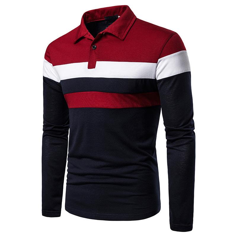 Autumn Tri Color Splicing Fashionable Casual Men's Clothing with Lapel Long Sleeved Polo Shirt
