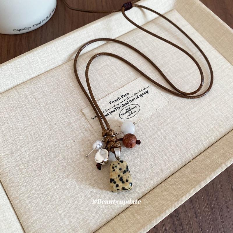 Wax Rope Stone Wood Beaded Pendant Stretchable Necklace Ethnic Style Item Decoration Personality Niche Design Sweater Chain