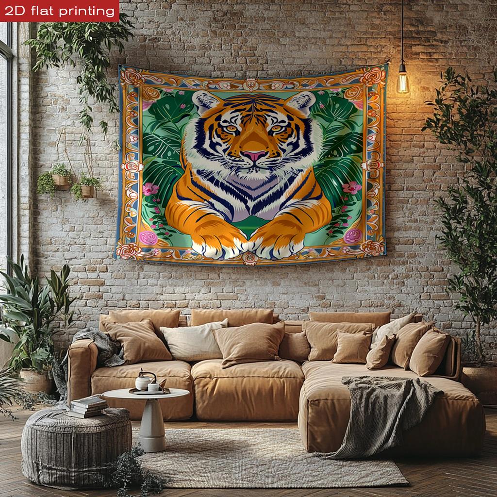 Vibrant Boho Tiger Tapestry, Floral Jungle Print Wall Art, Eclectic Living Room & Bedroom Decor Suitable Offices Bars Party