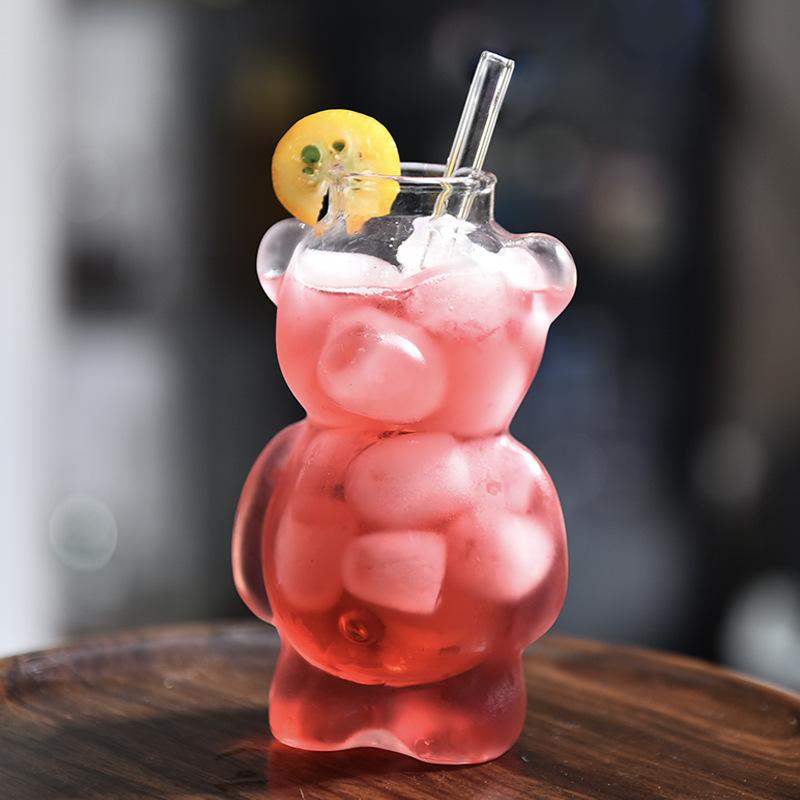 Cute Bear-Shaped Glass Drinkware Cups with Straw Household Kitchen Creativity Cartoon Cocktail Champagne Glass Coffee Mugs Gifts