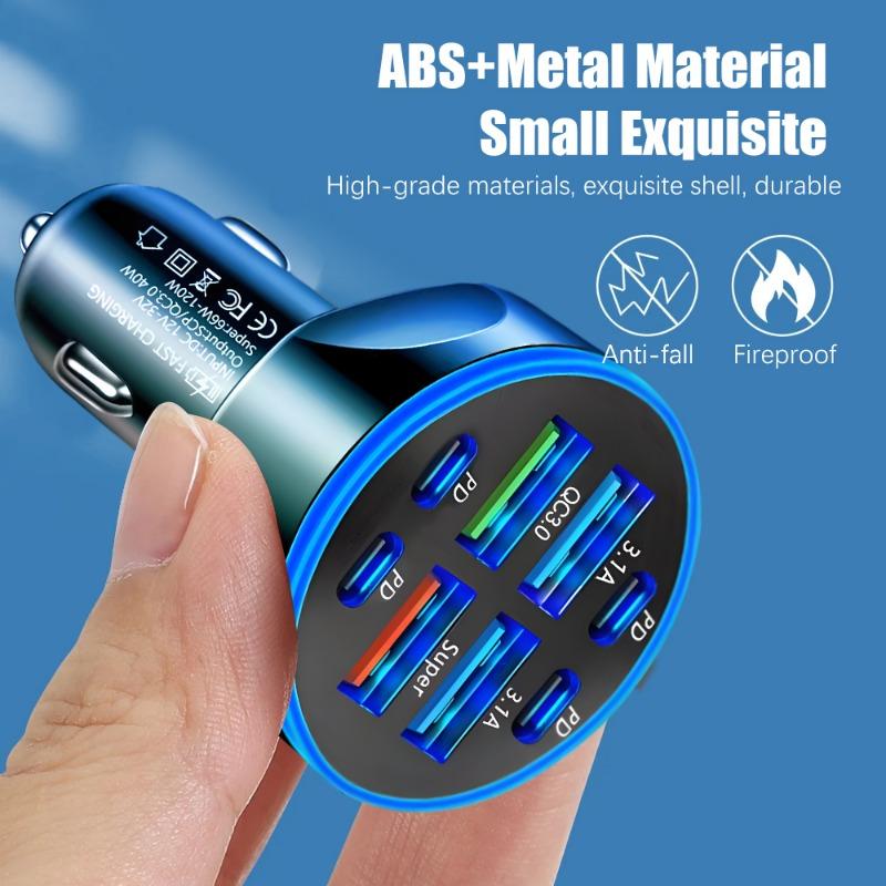8 in 1 Digital Display Car Charger 4USB+4PD Support Super Fast Charging DC12-24V Multi Port Digital Display Mobile Phone Charger