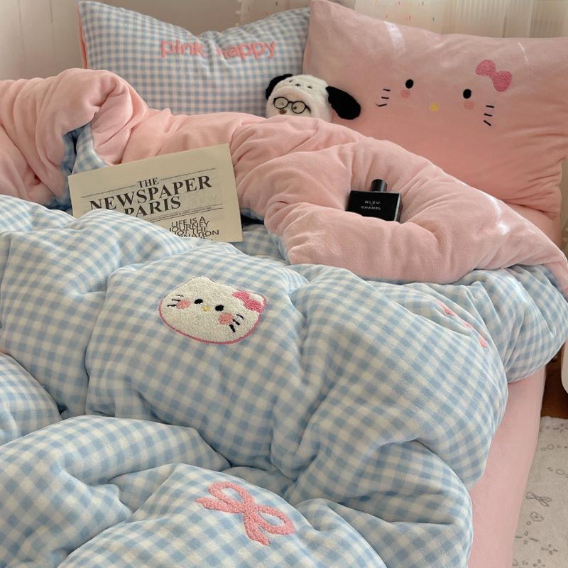 Thickened Milk Fleece Bed Four-Piece Set Fleece Quilt Cover Bed Sheet Coral Flannel Children'S Cartoon Bedding