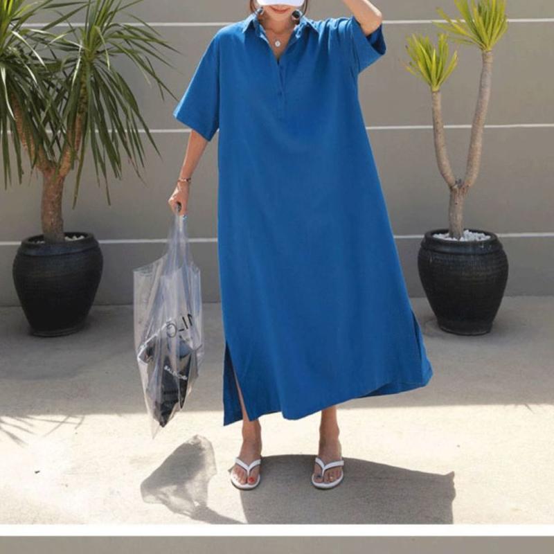 Summer New Turn-down Collar Solid Color Tshirt Dress Women Button Short Sleeve Loose Casual Maxi Dress Ladies Korean Style Robe