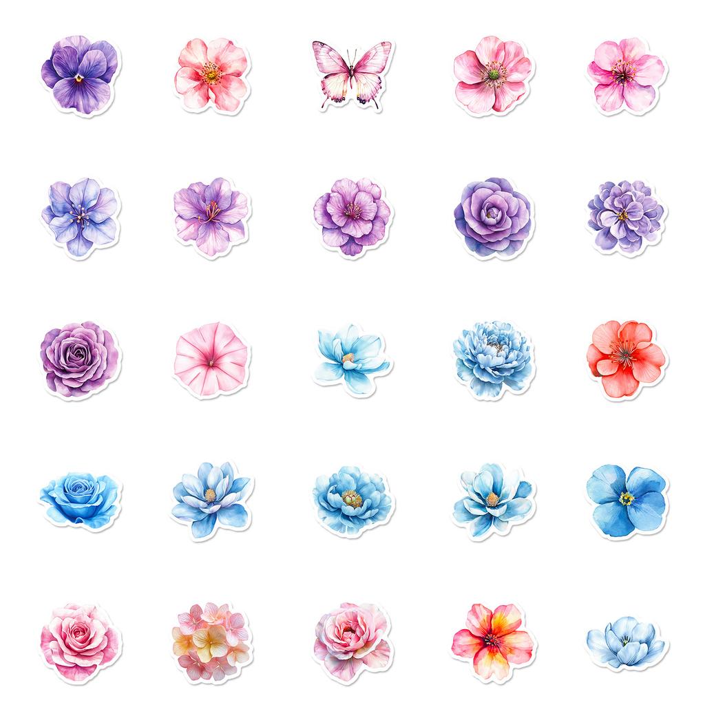 New 50 Colorful Flowers Butterfly Mixed and Fresh Stickers Girls' Heart No Repeat Hand Account Decoration Stickers