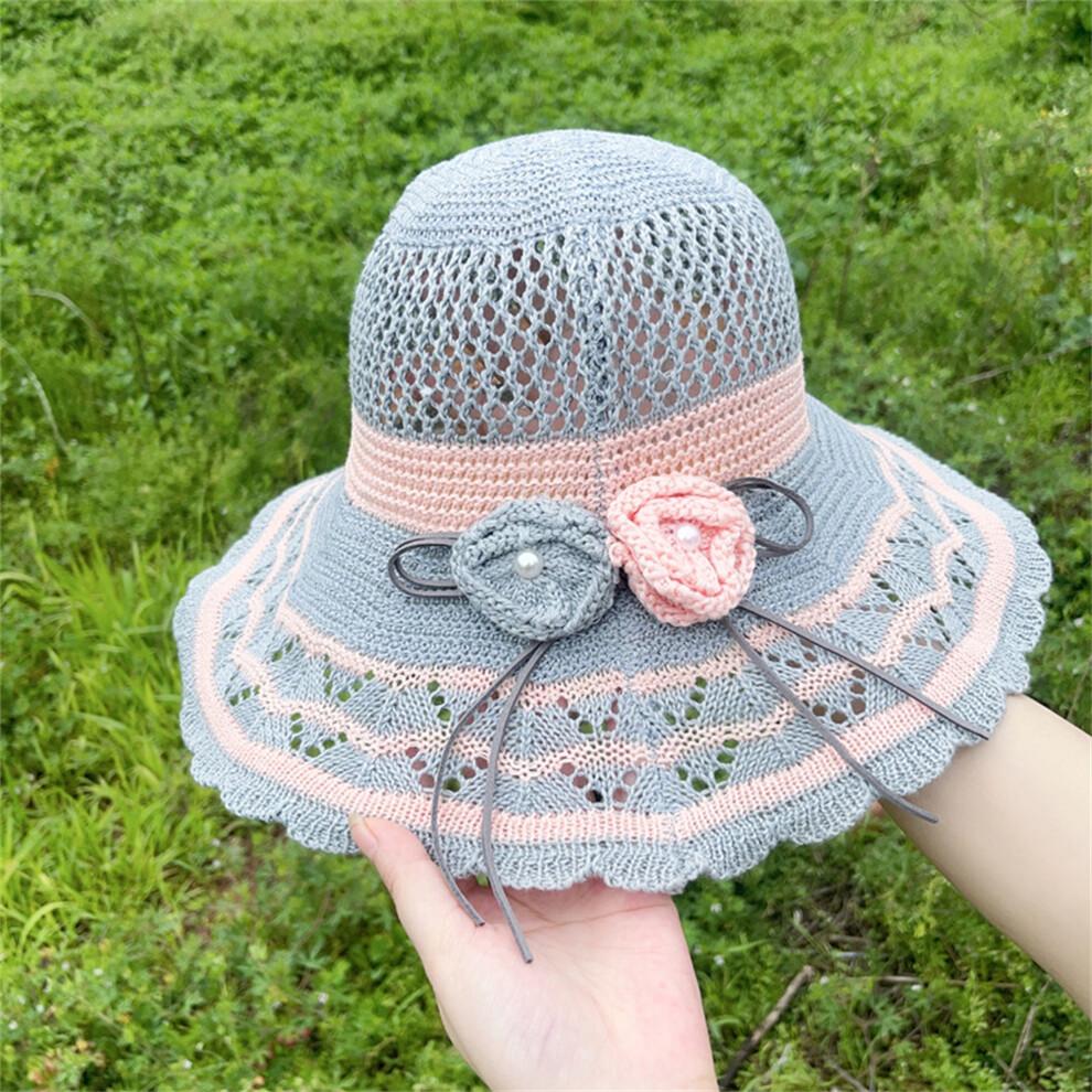 (One Size, Gray) Women Summer Knit Sun Hat Breathable Crochet Flower Wide Brim Sun Protection Fisherman Cap