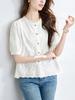 Women's Pure Cotton Lace Floral Round Neck Shirt with Five-Point Sleeves, 2026 Summer Collection.