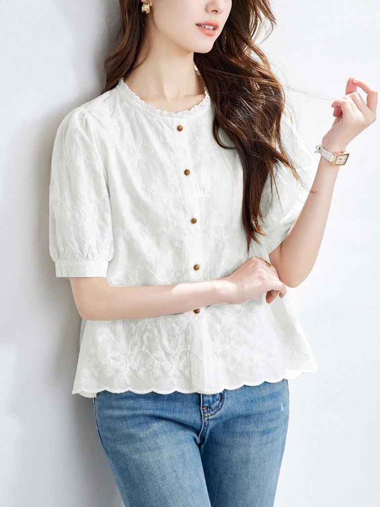 Women's Pure Cotton Lace Floral Round Neck Shirt with Five-Point Sleeves, 2026 Summer Collection.