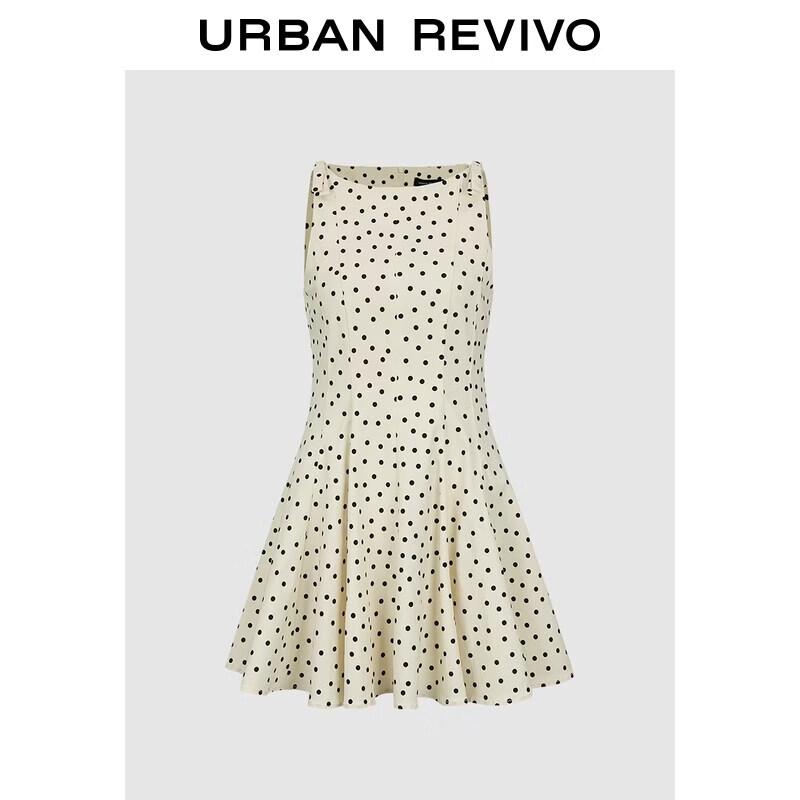 UR2026 Women s Autumn Polka Dot Boat Neck Sleeveless Mini Dress M