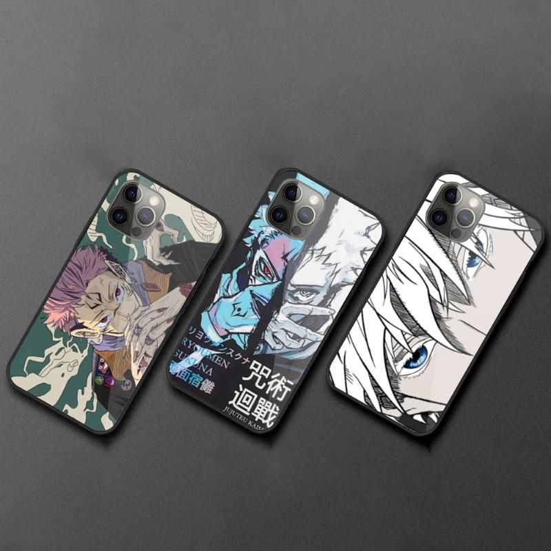 Cartoon Anime Jujutsu Kaisen Phone Case For IPhone 13 12 11 XS X 8 7 6 Plus Mini Pro Max SE 2022 Black PC TPU Glass Phone Cover