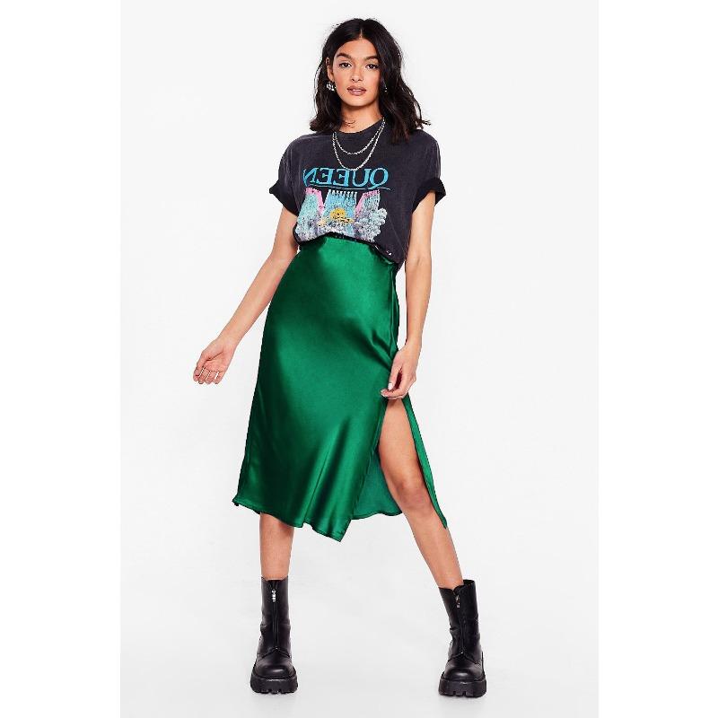 Атласная эластичная юбка-бюстье средней длины с высокой талией и разрезом XL коричневый — фото 9