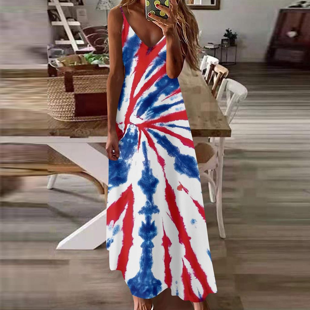 Women's Loose Independence Day Casual Slim V-neck Color Imitation Cotton Fashion Overalls Skirt