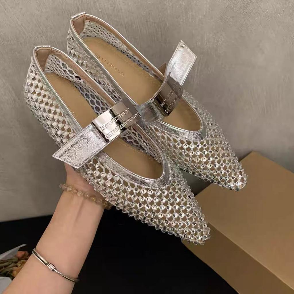 2025 new French retro pointed rhinestone bag head half slippers women wear fashion muller non-slip cool slippers