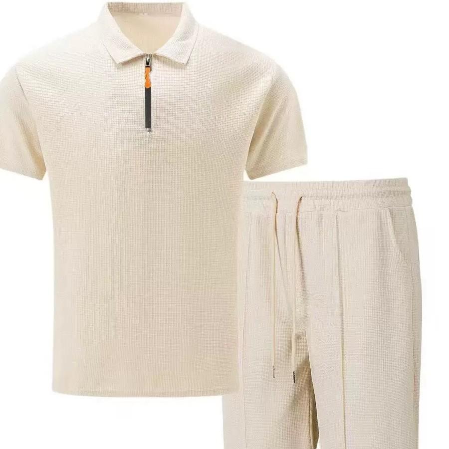 Mens Casual Polo Shirt Shorts Set Summer Breathable