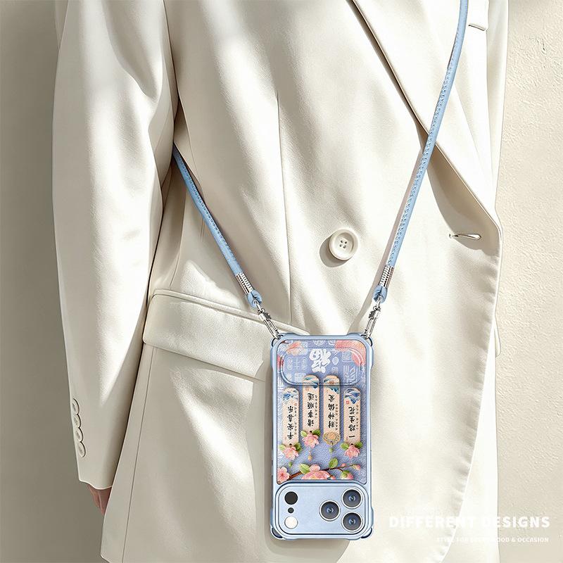One Way of Raw Flowers Is Suitable for Iphone17promax iPhone Case 15 Four-corner Lanyard 16 with Bracket 14 Crossbody