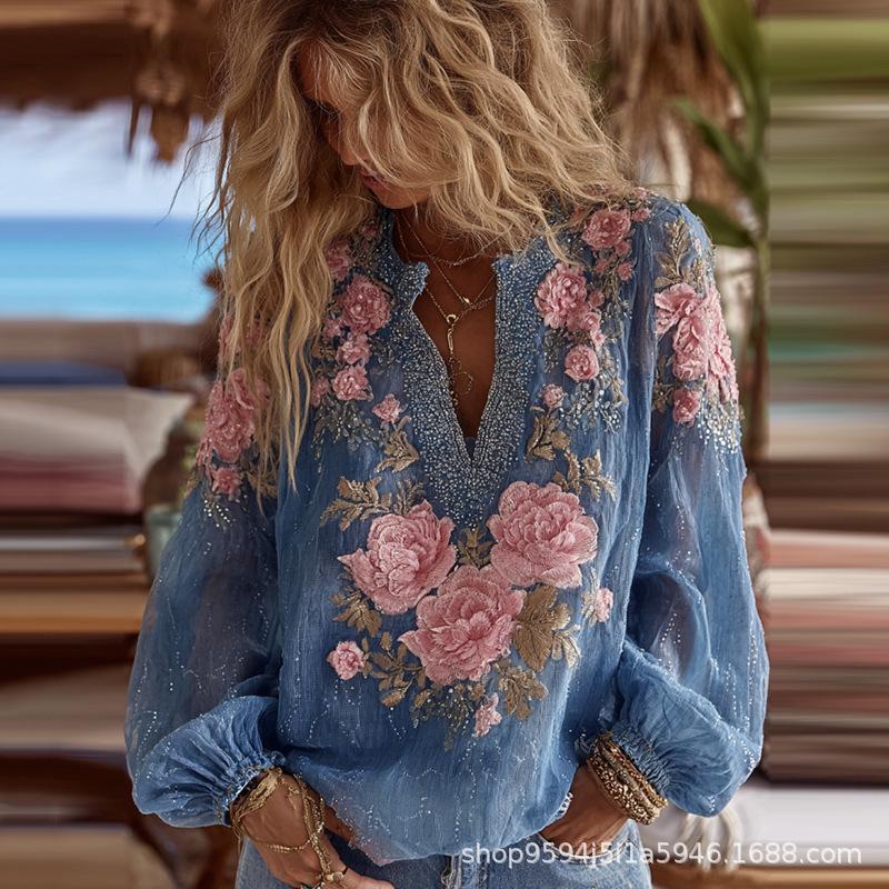 Women's 3D Print Retro V-neck Long-sleeve Pullover Top