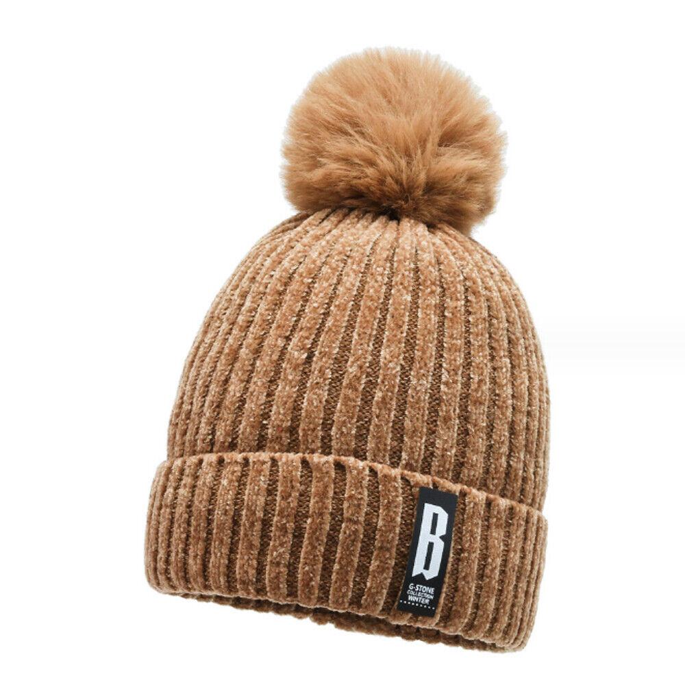 Knitted Bobble Hat Ladies Kids Beanie Warm Winter Pom-Pom Woolly Matching Cap