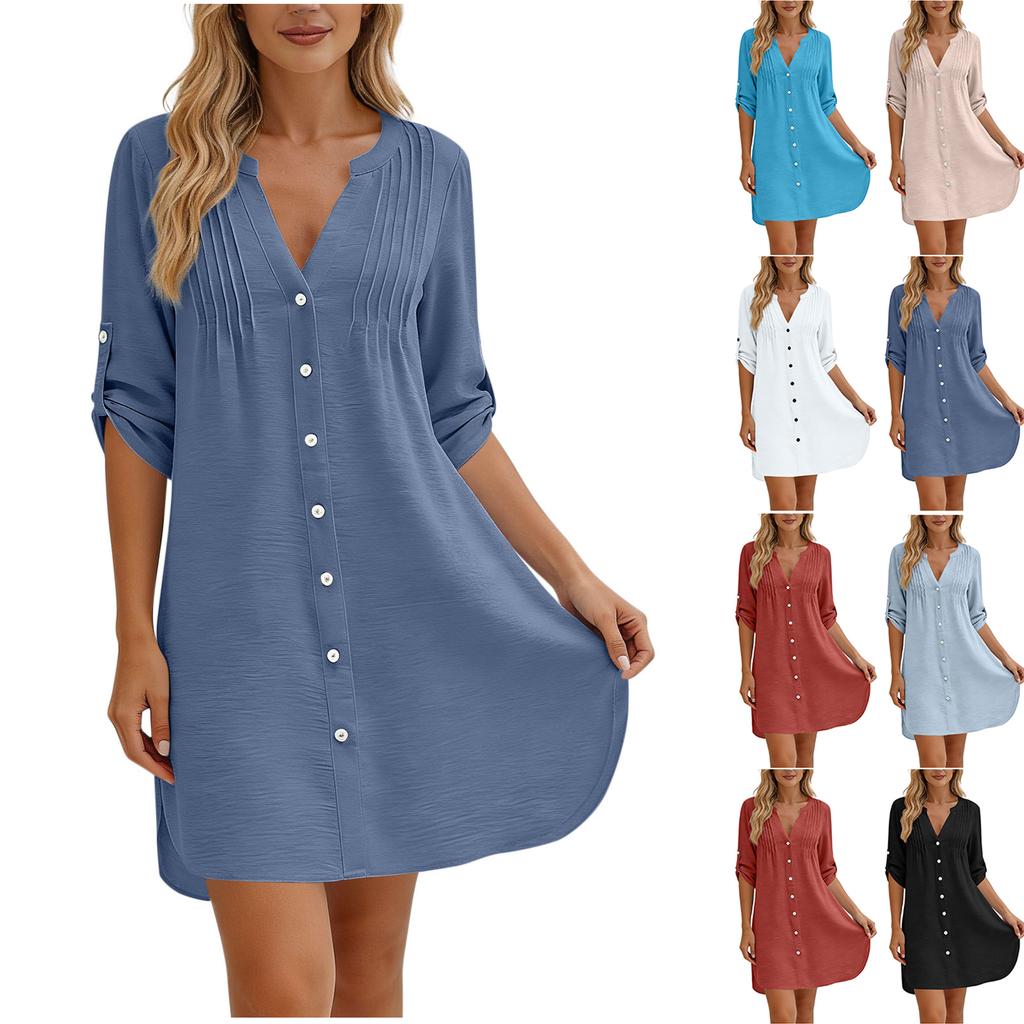 Women’s V Neck Button Down Tunic Shirt Dress with 3/4 Roll Tab Sleeves and Pintuck Front Casual Loose Fit