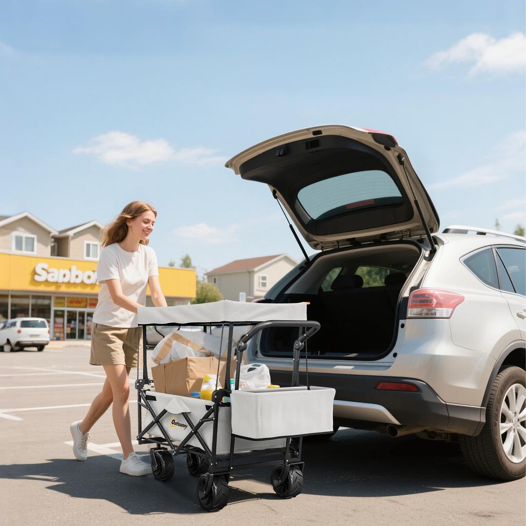 Folding Trolley Cart Storage Wagon Beach Trailer 4 Wheels with Handle Overhead Canopy Cart Push Pull for Camping, Grey