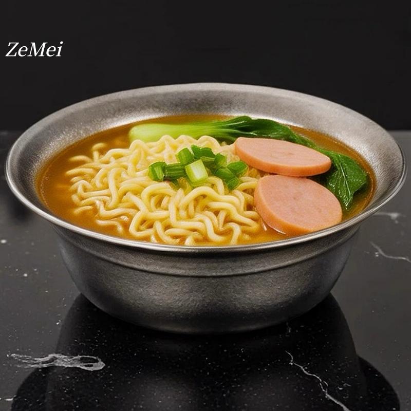 Pure Titanium Double-Layer Insulated Soup Bowl, Large Size Silver-Gray Texture Home Pasta Tableware Storage Titanium Salad Bowl