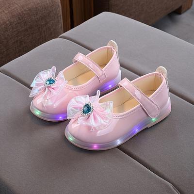 Girls' -Up Shoes with Bow & LED Sole - PU Low-Top Sneakers, Tape Closure for & Girls, Cute & Casual Attire (Suitable for Spring/Summer)